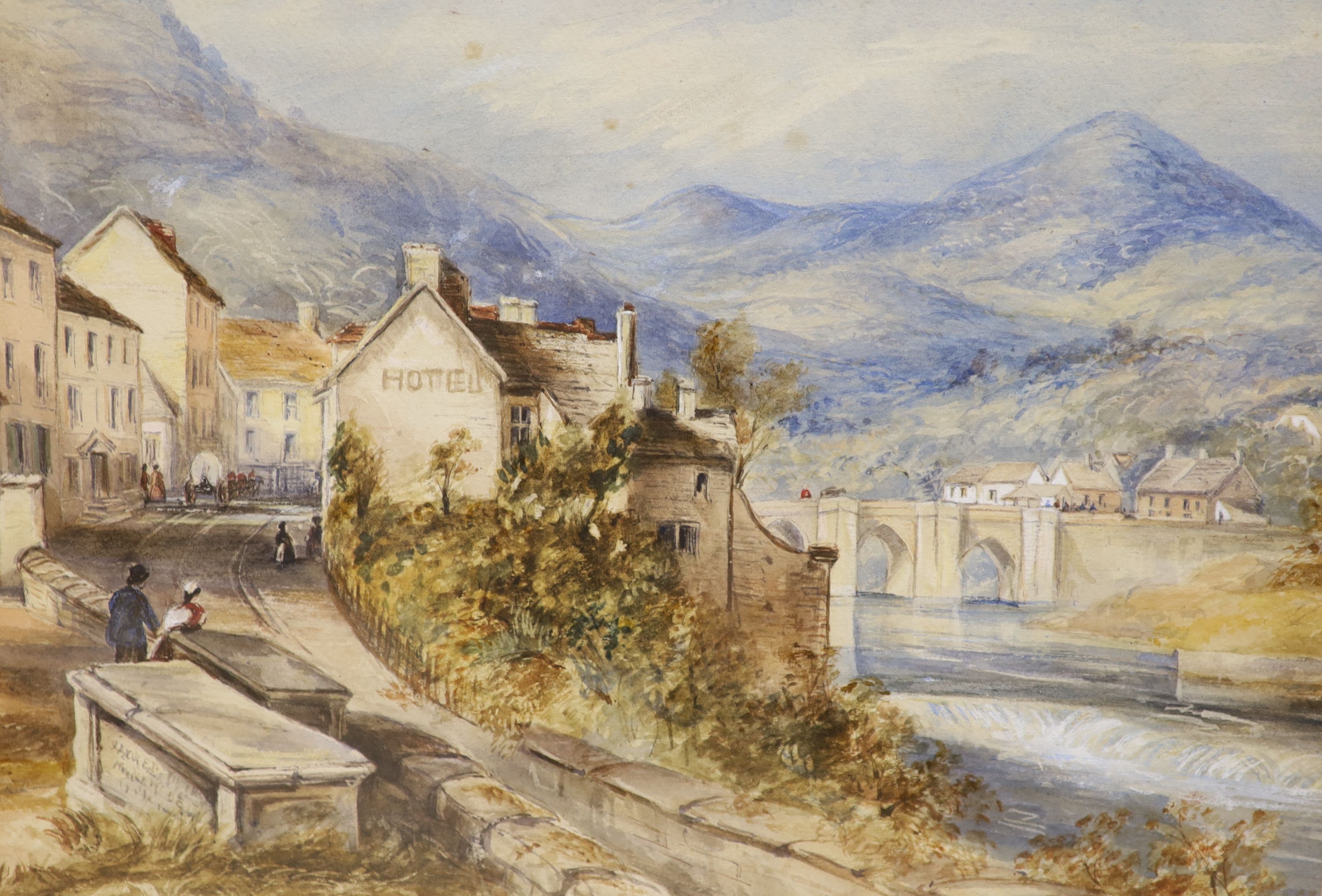 19th century English School, watercolour, Riverside country town, 30 x 44cm
